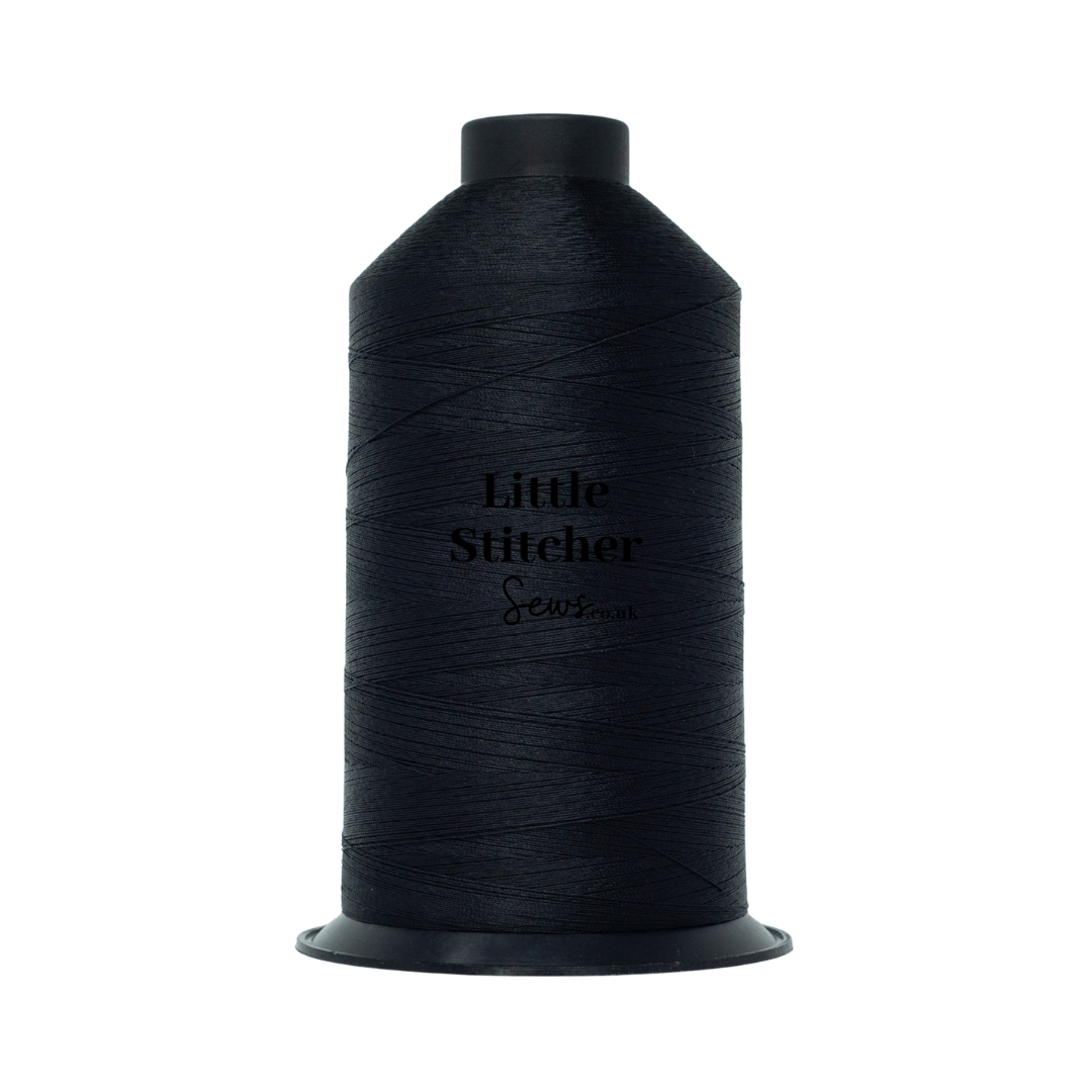 Spool of black thread with 'Little Stitcher' branding on a white background