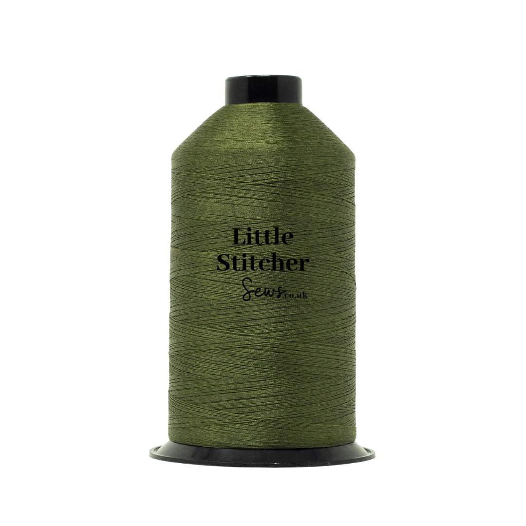 Spool of moss thread with 'Little Stitcher Sews' branding on a white background