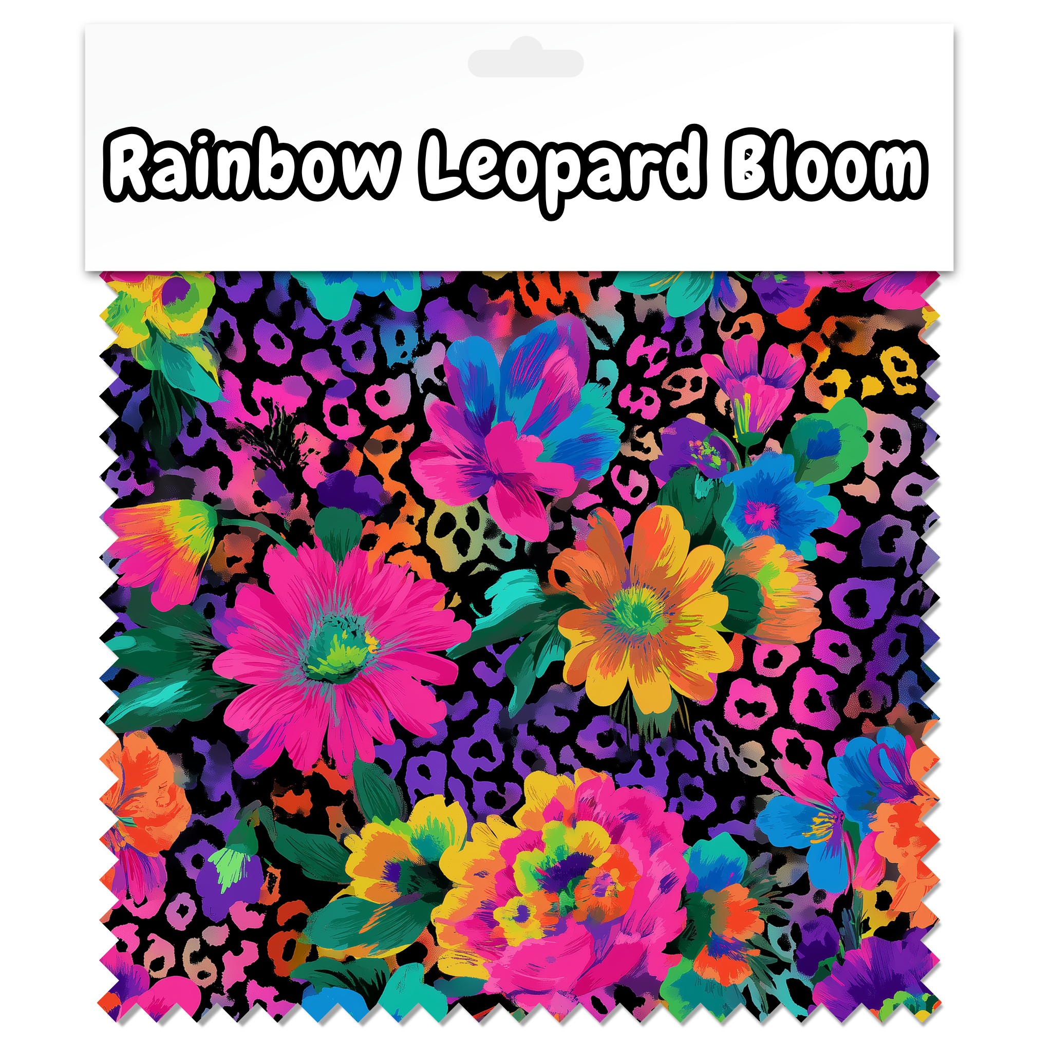 Packaging of 'Rainbow Leopard Bloom' with colorful floral and leopard print design.