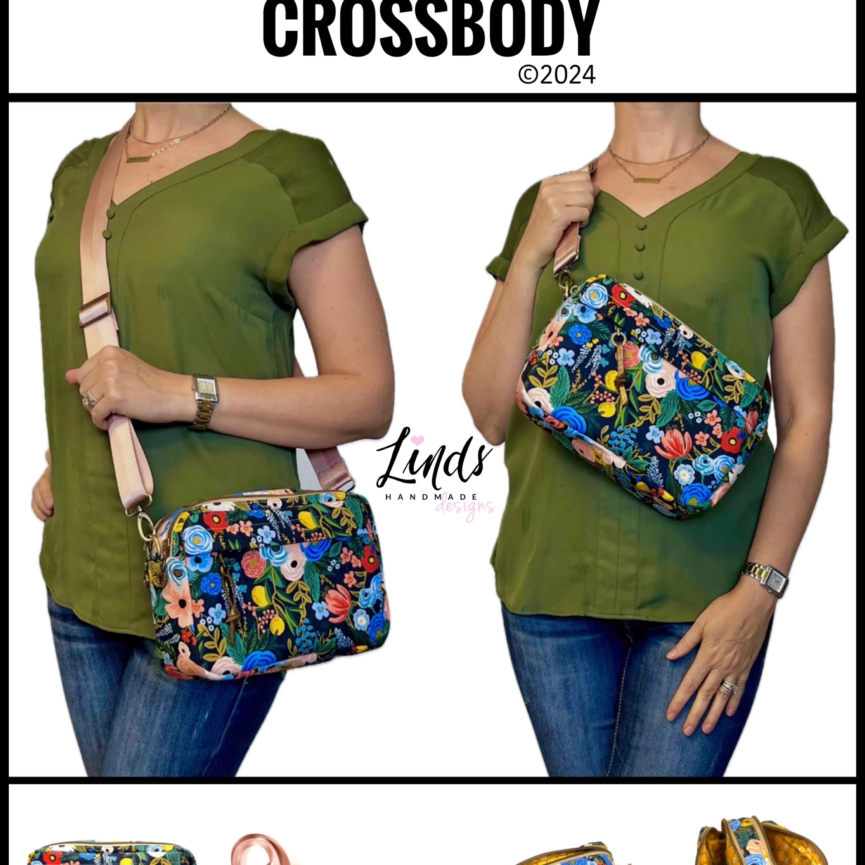 Front cover of the Rae Dual Zip Crossbody Paper Pattern by Linds Handmade Designs featuring the bag in a floral pattern, with images of the pattern parts and finished dimensions.