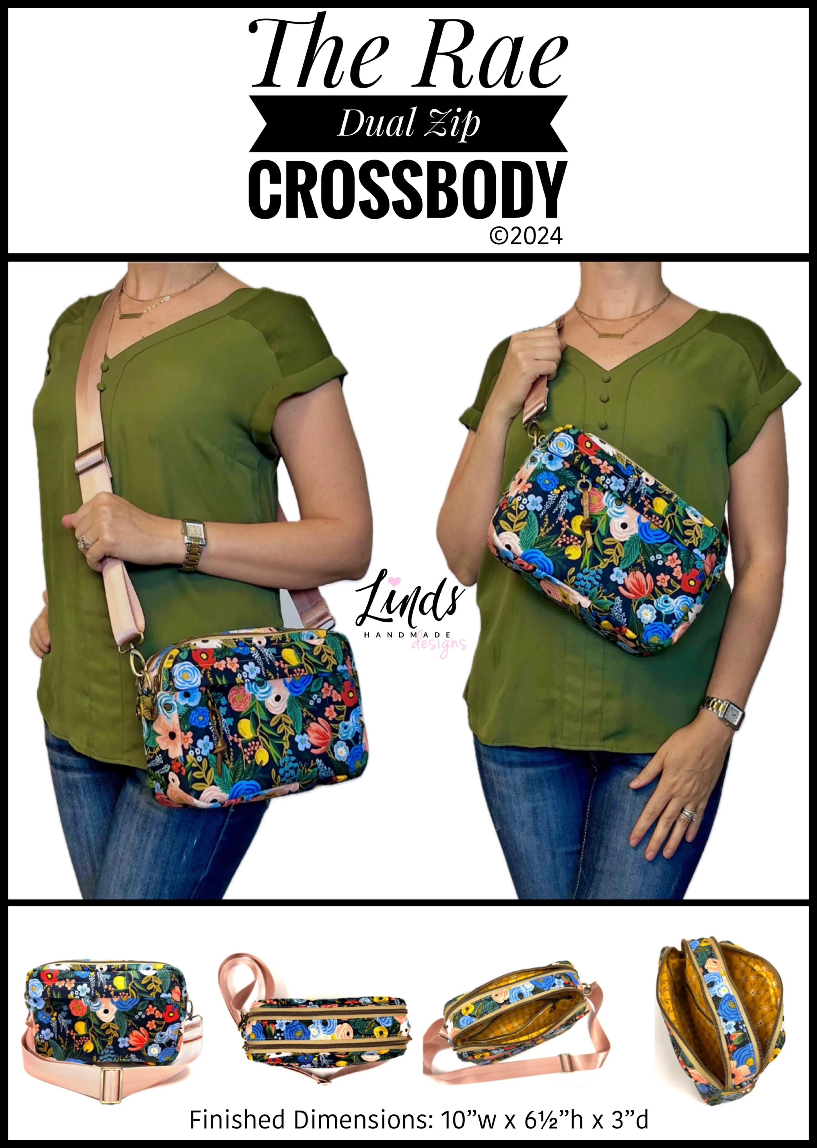 Front cover of the Rae Dual Zip Crossbody Paper Pattern by Linds Handmade Designs featuring the bag in a floral pattern, with images of the pattern parts and finished dimensions.